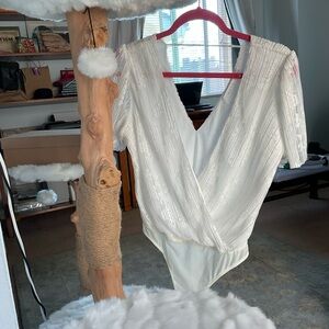 Astr White Lace Surplice Bodysuit with Pink Straps